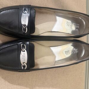 Michael Kors Black Leather Loafers with Silver logo Accents